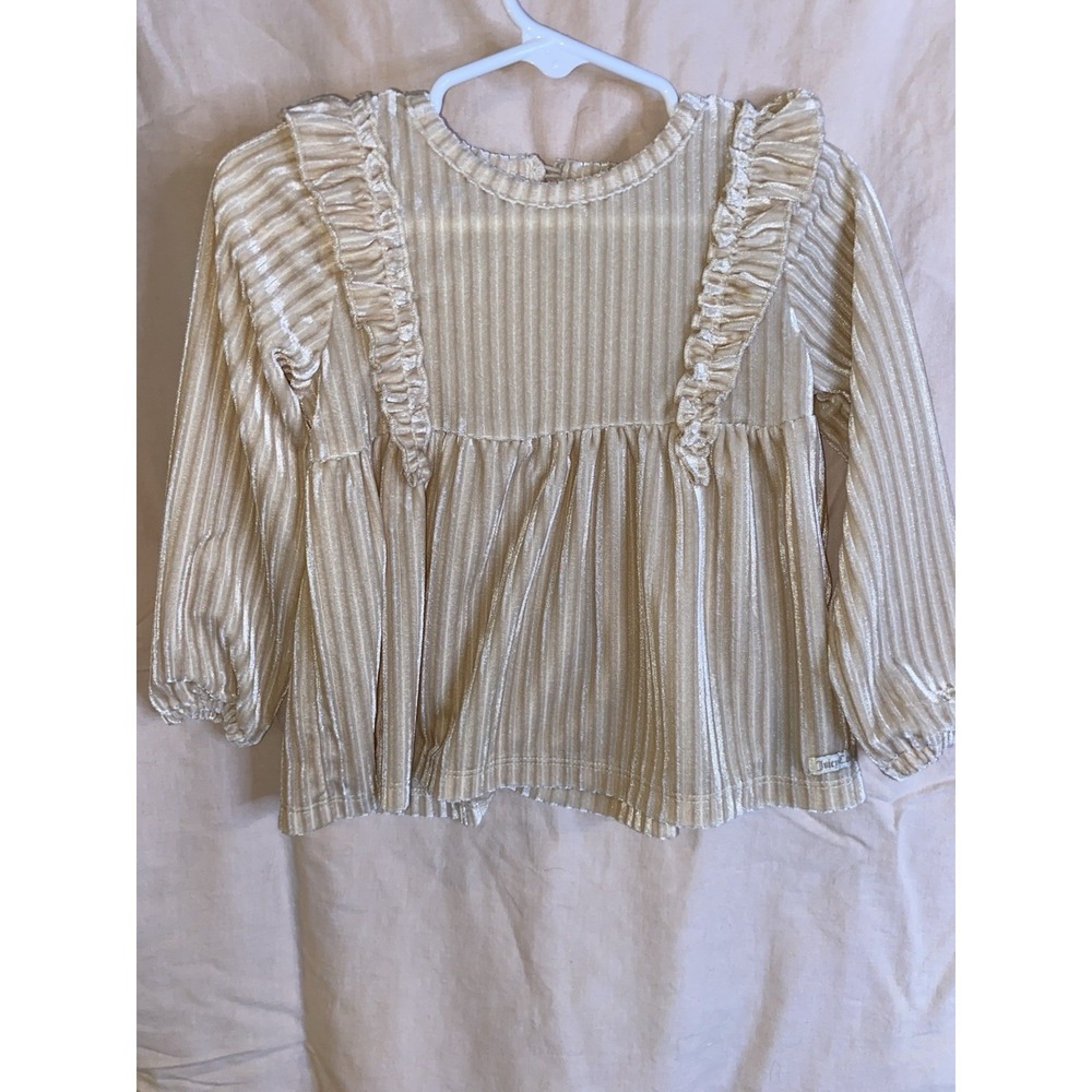 Juicy Couture Girls 24M Cream Ribbed Velvet Ruffle Peplum Top Long Sleeve